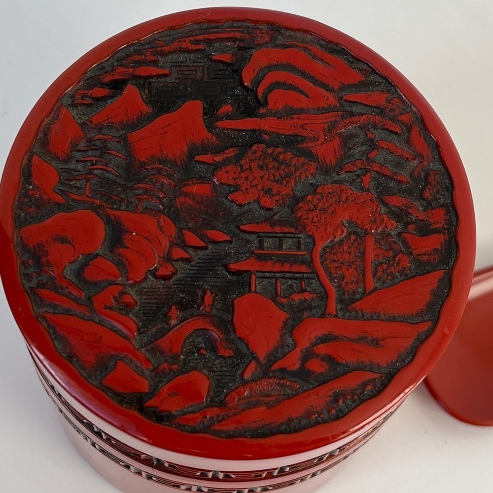 Vintage Chinese Cinnabar Lacquer Tea Caddy Jar with Spoon Red Carved Lid - Picture 2 of 15